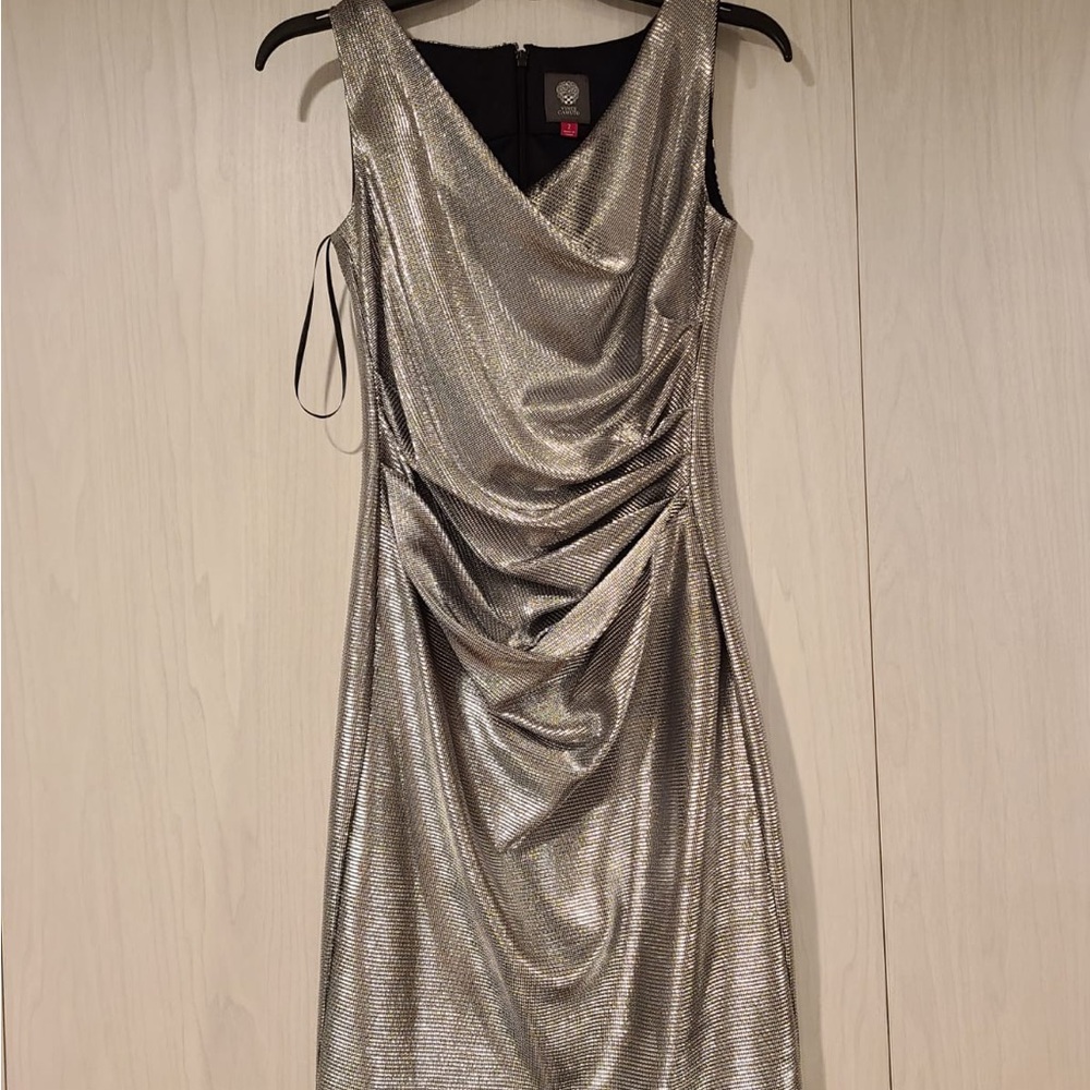 Vince Camuto Shimmering Silver Ruched V-Neck Midi Dress